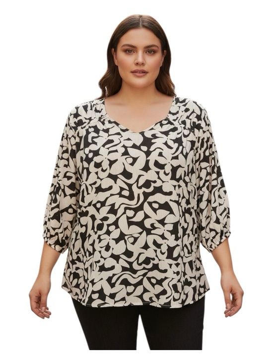 Terra & Sky Tops - Terra & Sky Plus Size 4X Black and Cream Abstract V-Neck Plus-Size Blouse